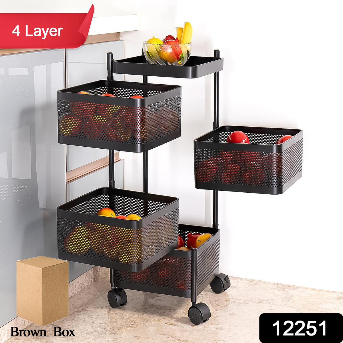 Metal Square High Quality Kitchen Trolley With Wheels (4 Layer 1 Pc)