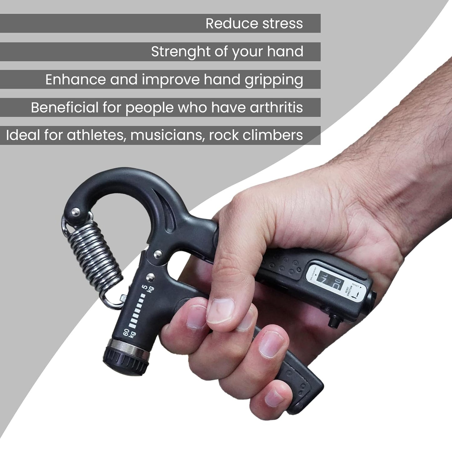 Hand holding a black digital grip strengthener with text benefits on a gray background