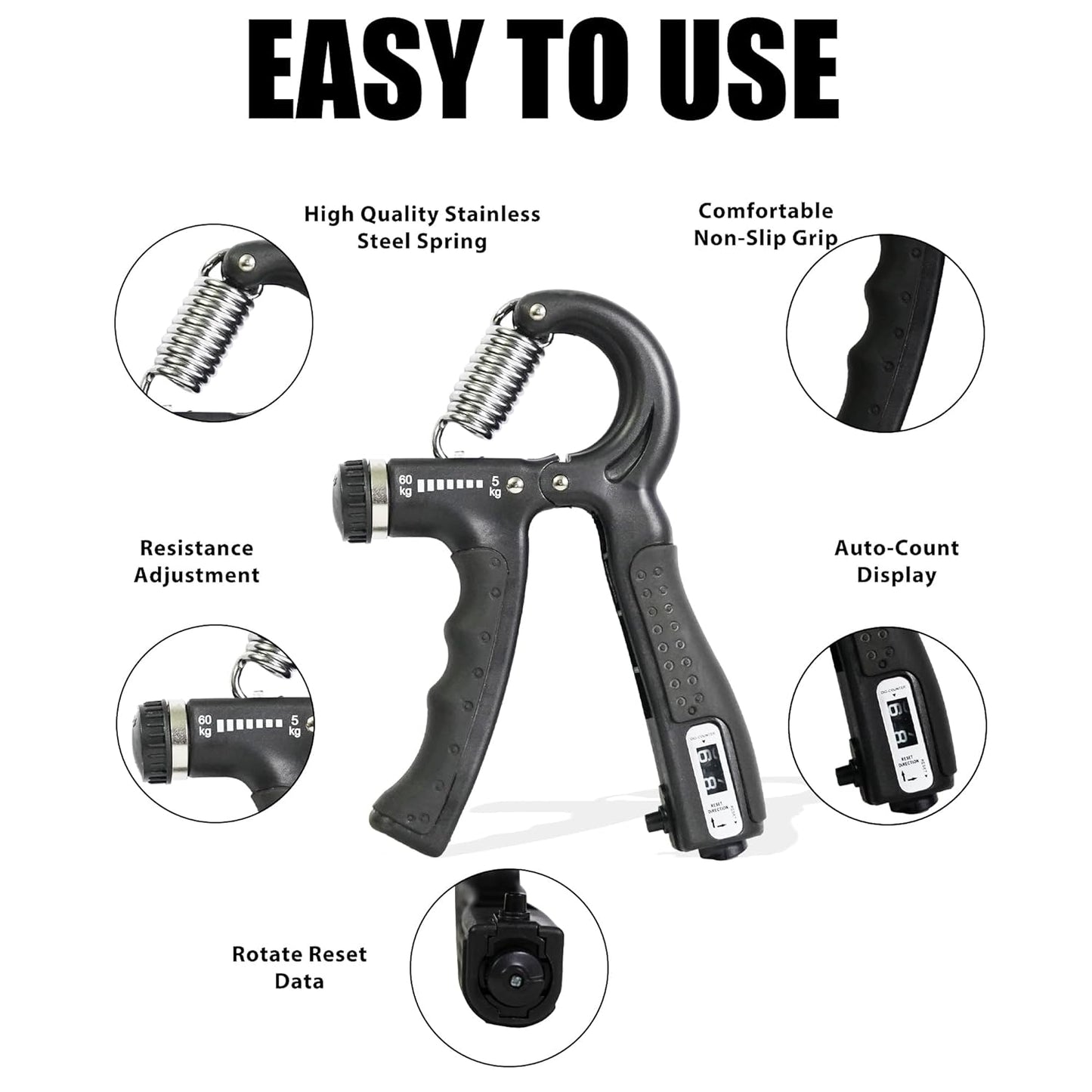 Hand grip trainer with features highlighted on a white background