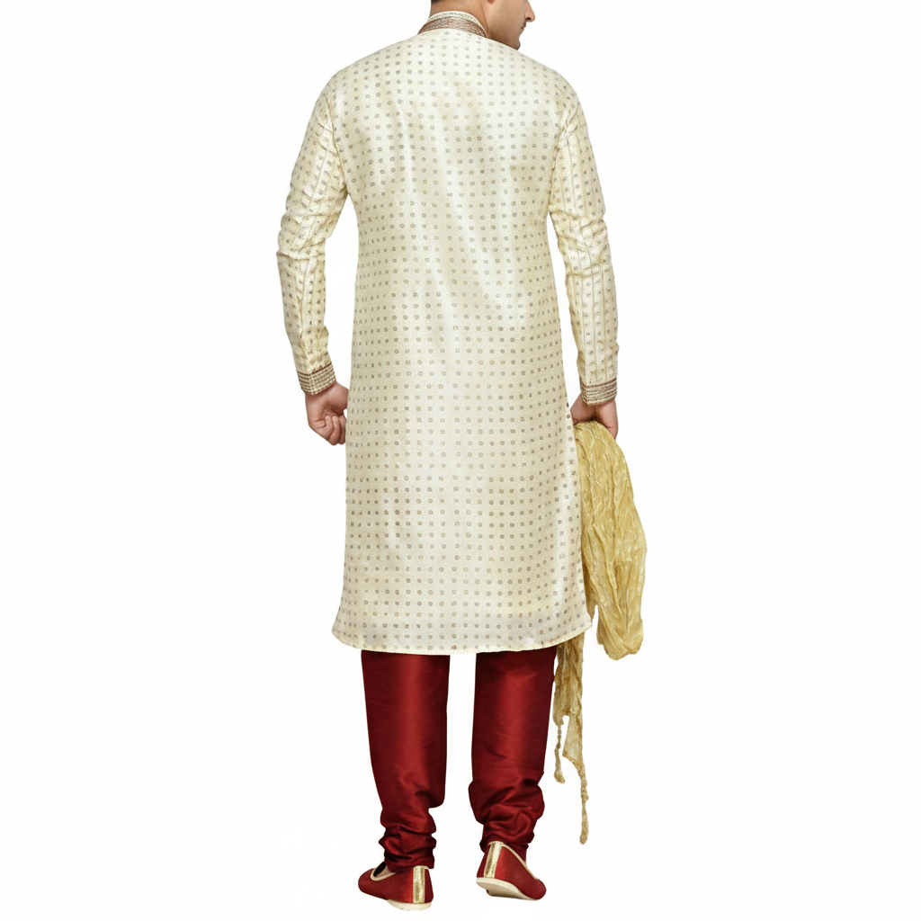 Indian Poshakh Men's Silk Sherwani (1147_34, 34, Beige and Red)