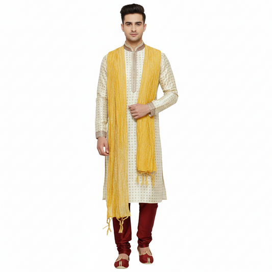 Indian Poshakh Men's Silk Sherwani (1147_34, 34, Beige and Red)