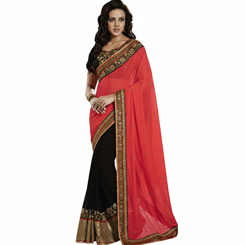 Nakkashi Women's Georgette Saree (Black and Red)