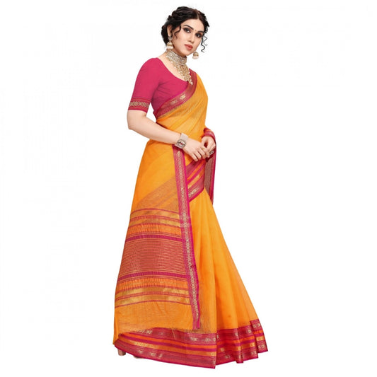 Generic Women's Kota Doria Cotton Bordered Saree With Blouse (Gold, 5-6 Mtrs)