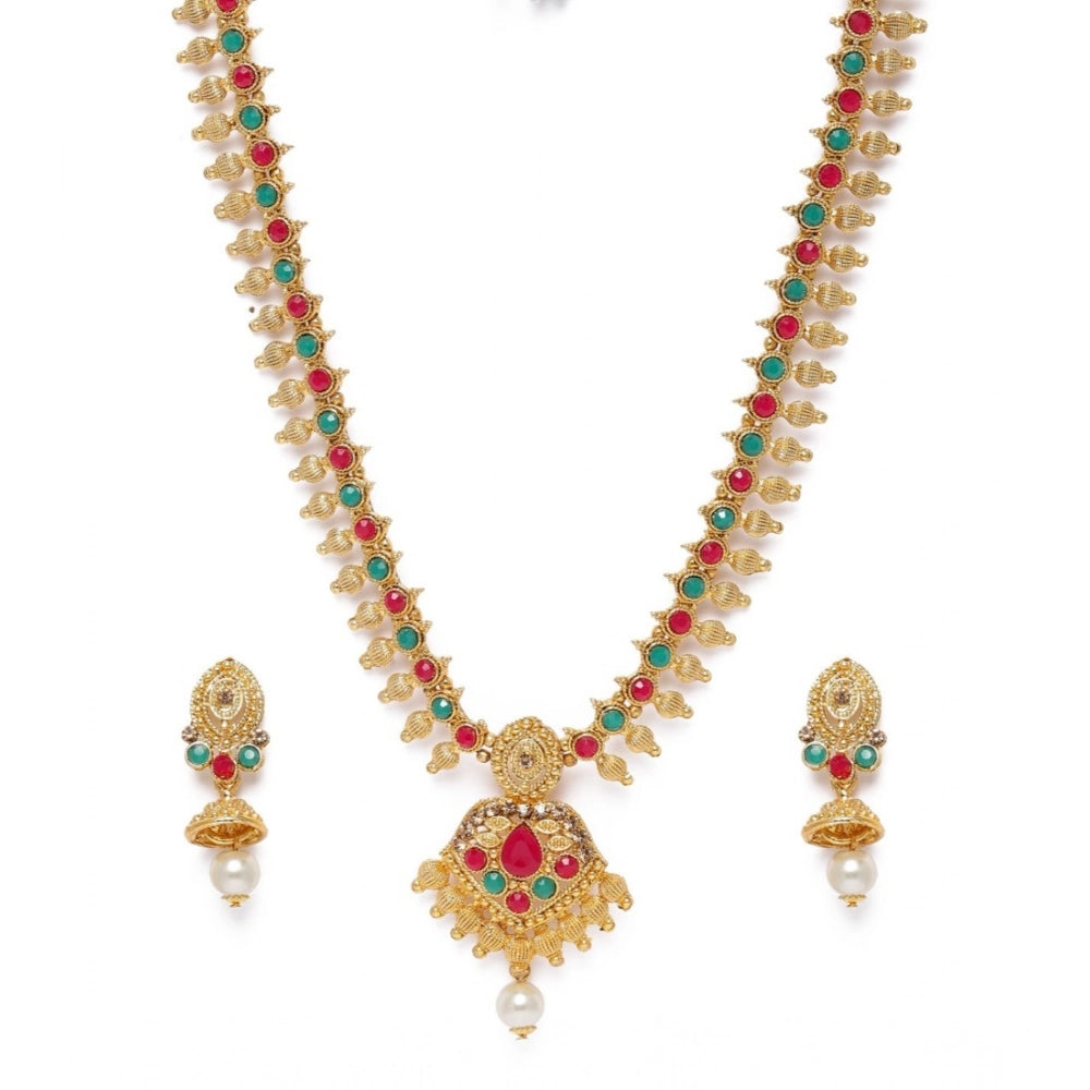 Generic Women's Rose Gold Plated Alloy Necklace & Earings Set (Green & Red)