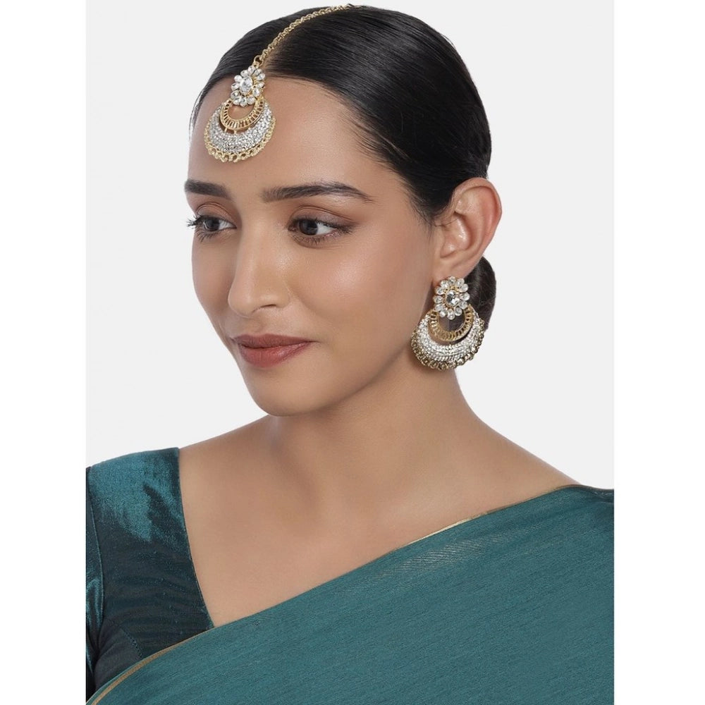Generic Women's Rose Gold Plated Alloy Kundan Earrings & Mangtikka (White)