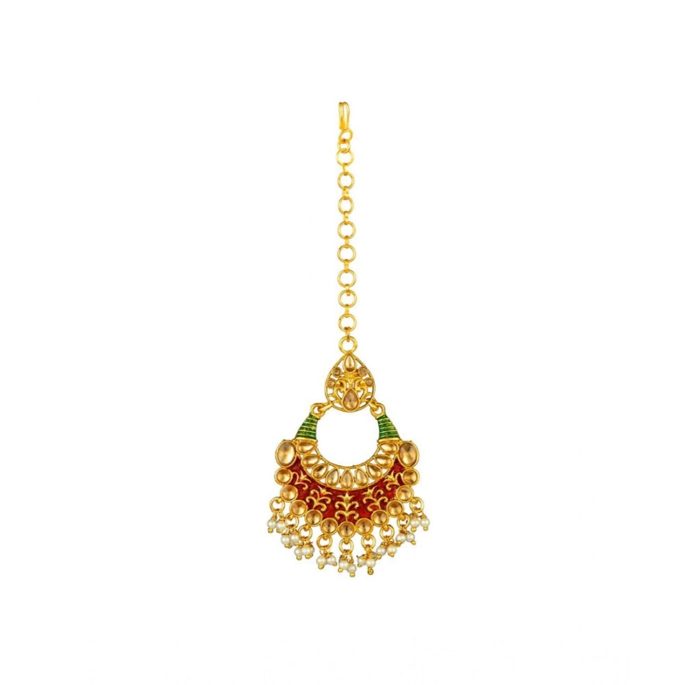 Women's Rose Gold Plated Alloy Kundan Earrings & Mangtikka (Red & Green)