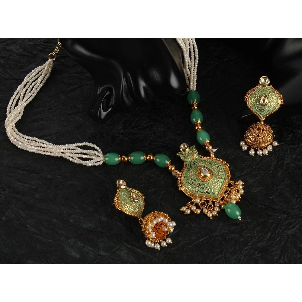 Generic Women's Rose Gold Plated Alloy Necklace & Earings Set (Green)