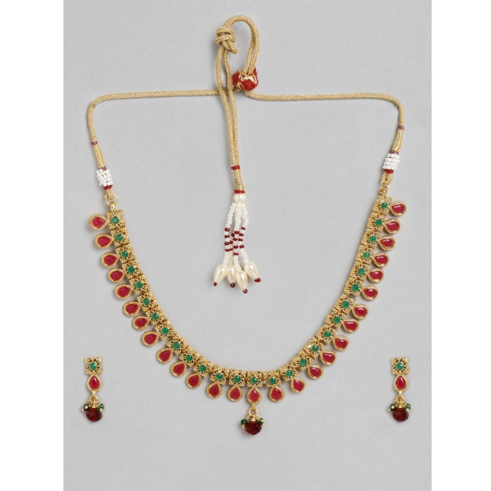 Generic Women's Rose Gold Plated Alloy Necklace & Earings Set (Green & Red)