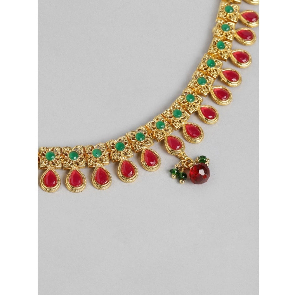 Generic Women's Rose Gold Plated Alloy Necklace & Earings Set (Green & Red)