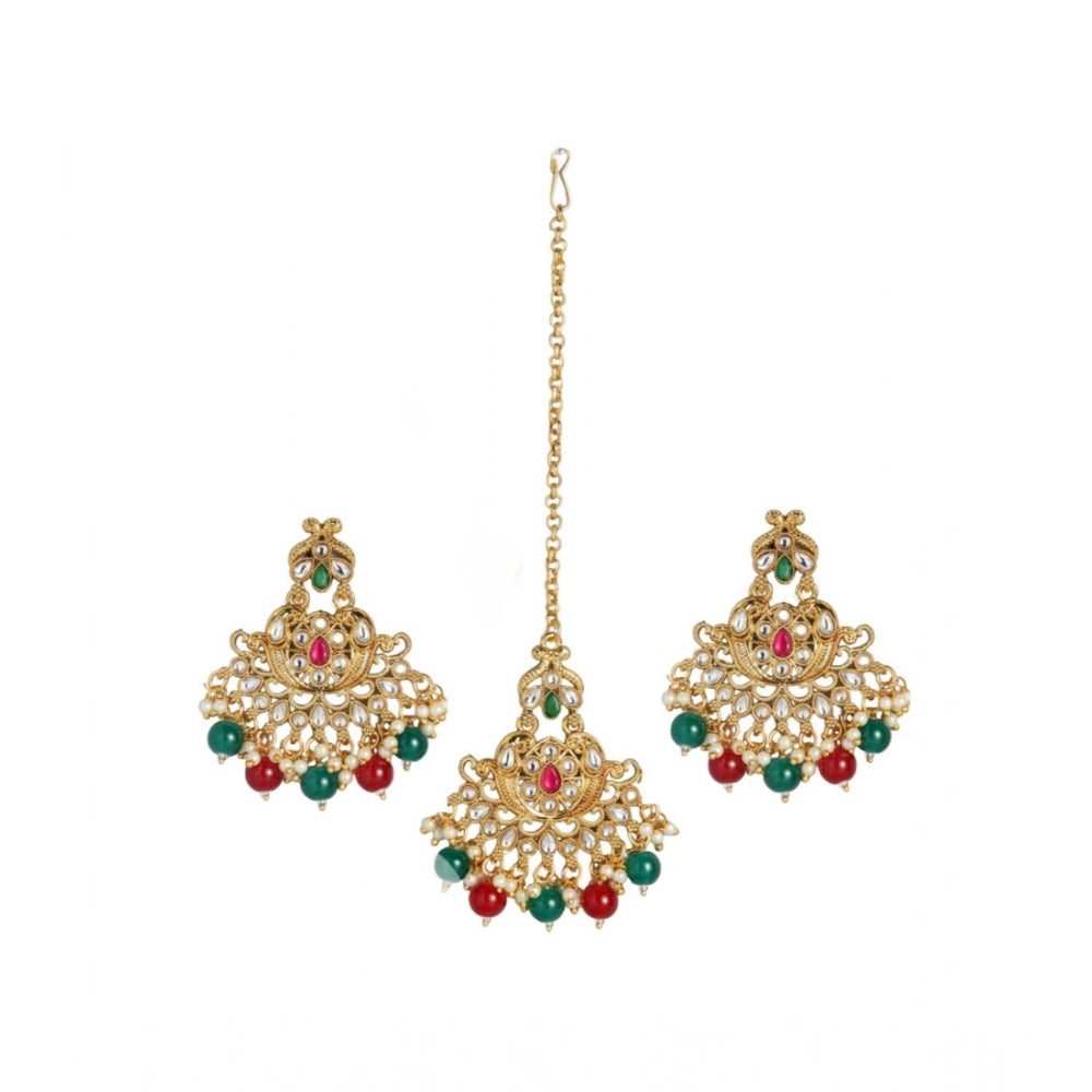 Generic Women's Rose Gold Plated Alloy Kundan Earrings & Mangtikka (Red & Green)