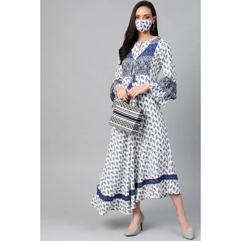 Generic Women's Casual Bell Sleeve Floral Printed Rayon Dress (White & Blue)