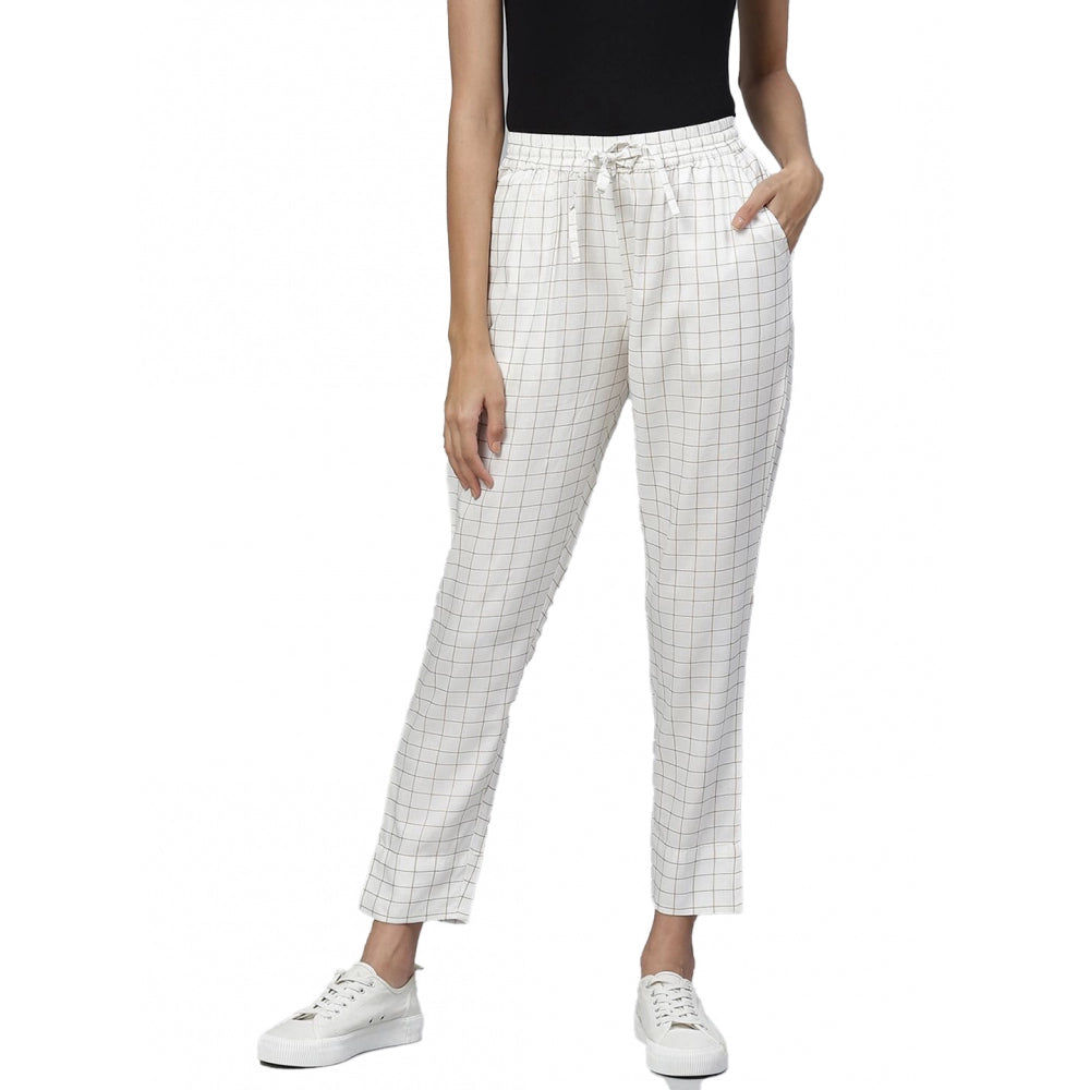 Women's Casual Checked Rayon Trouser Pant (White)