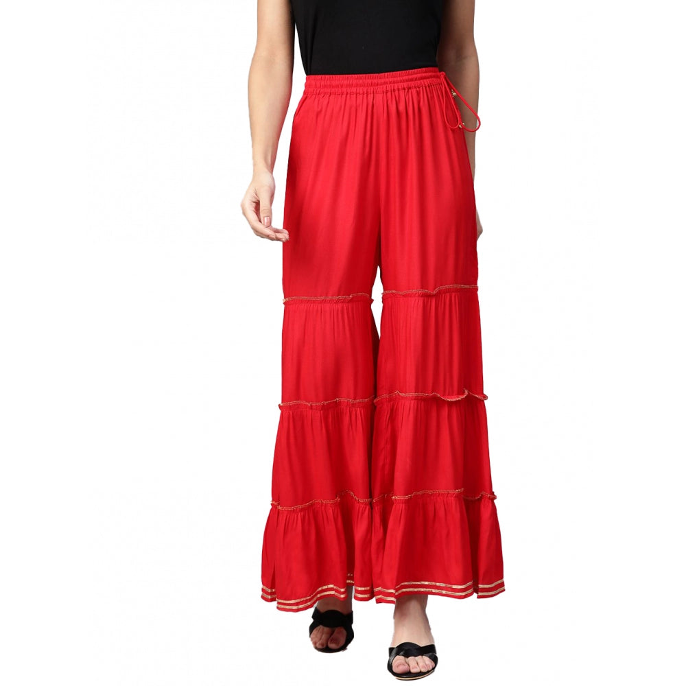 Women's Casual Solid Rayon Sharara (Red)