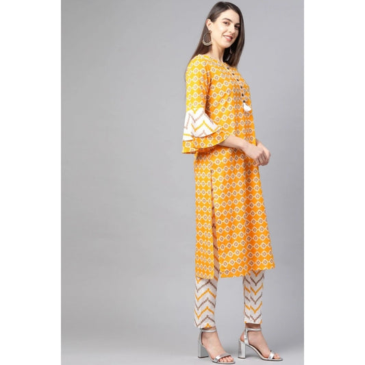 Women's Casual 3/4 th Sleeve Floral Printed Cotton Kurti Set (Mustard)