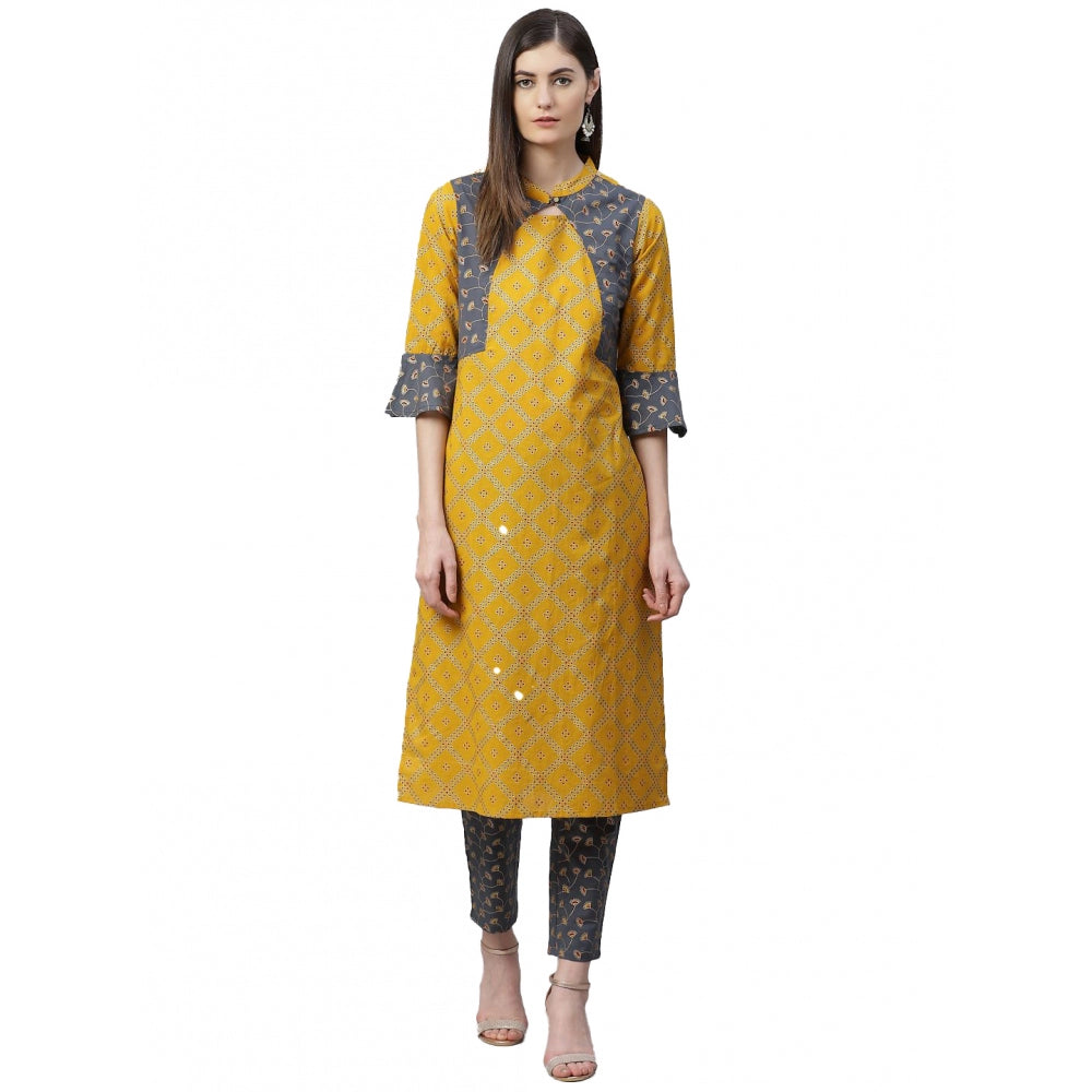 Women's Casual Bell Sleeves Geomatrical Printed Cotton Kurti Set (Yellow)