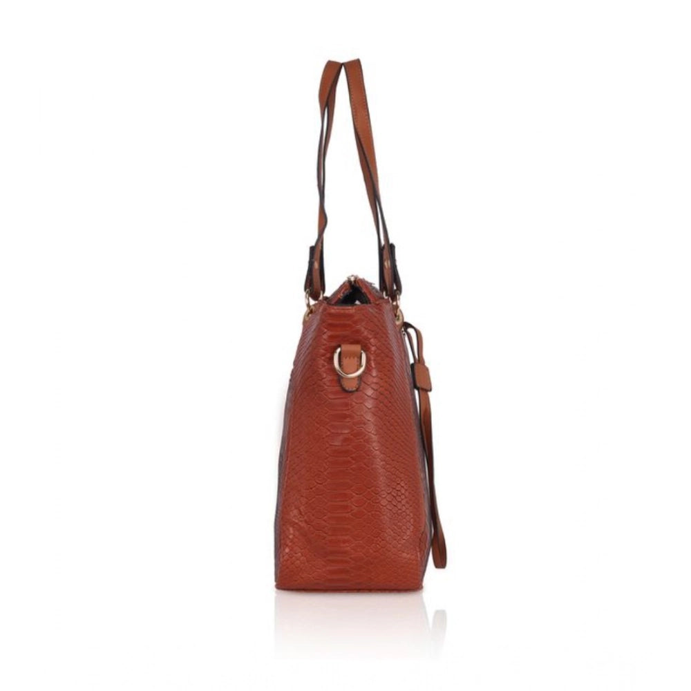 Women's Faux Leather Textured Tote Bag (Brown)