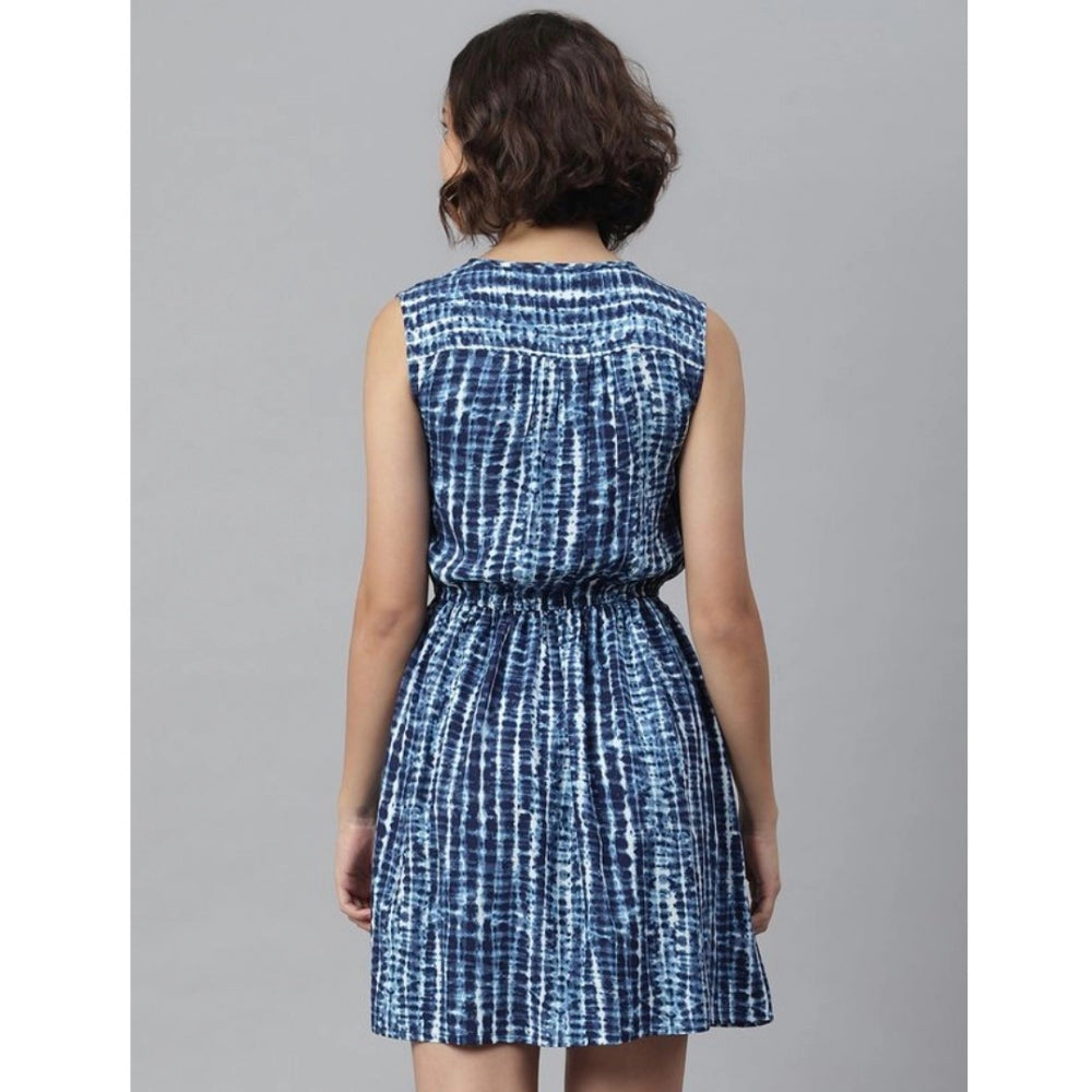 Generic Women's Rayon Tie & Dye Sleeveless Above Knee Dress (Blue)