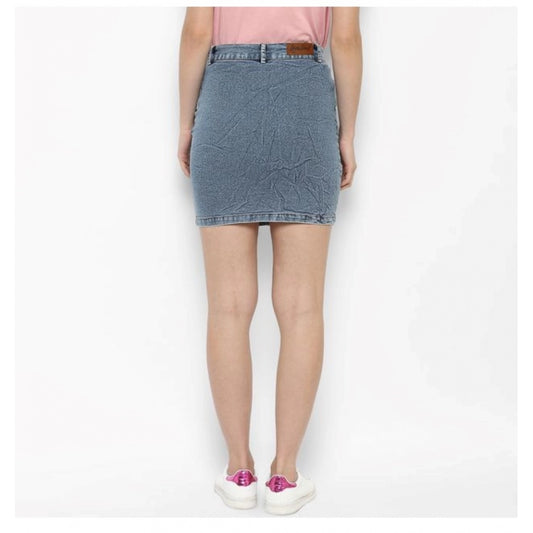 Women's Denim Draw String Buttoned Skirt (Blue)