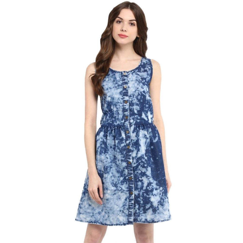 Generic Women's Denim Tie & Dye Sleeveless Above Knee Dress (Blue)
