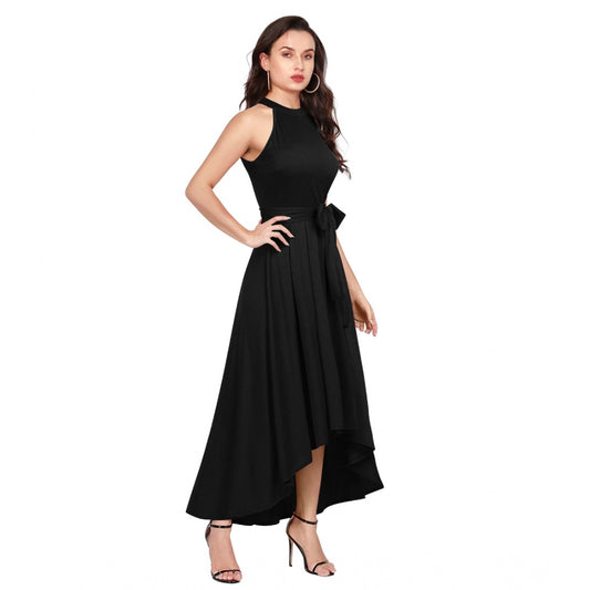 Generic Women's Polyster Solid Halter Neck Sleeveless Dress (Black)