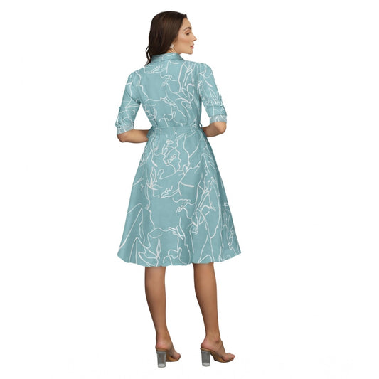 Generic Women's Ruby Cotton Printed Shirt Collar 3-4th Sleeve Dress (Pista)