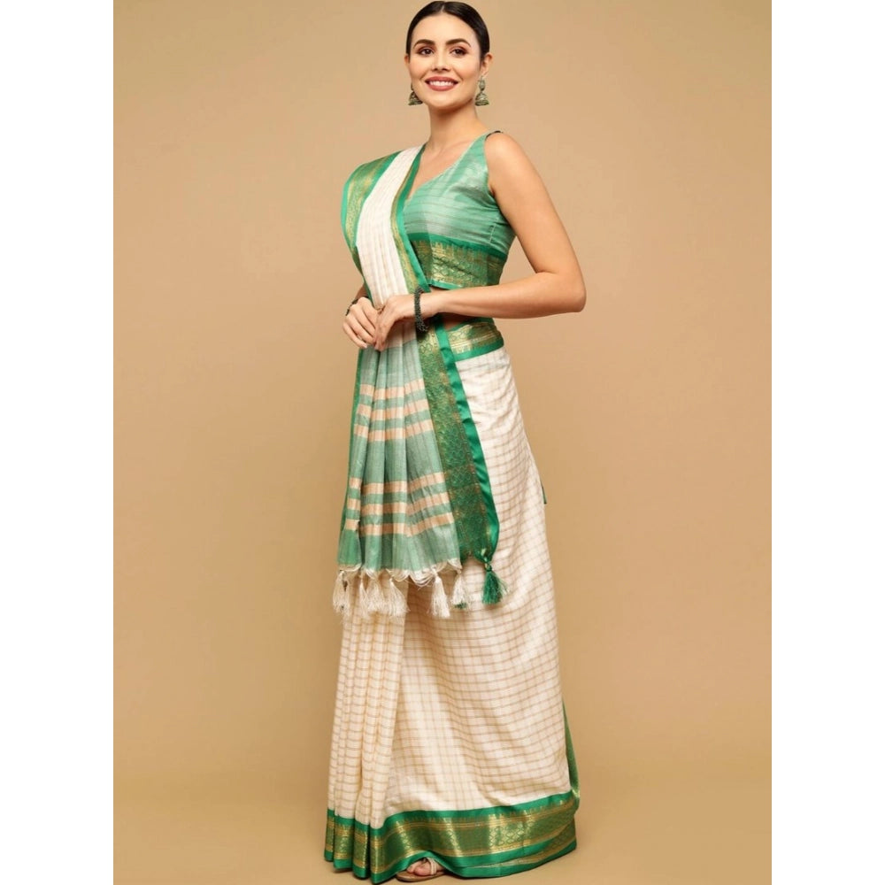 Generic Women's Cotton Silk Checkered Saree With Unstitched Blouse 5.5Mtr (Green)
