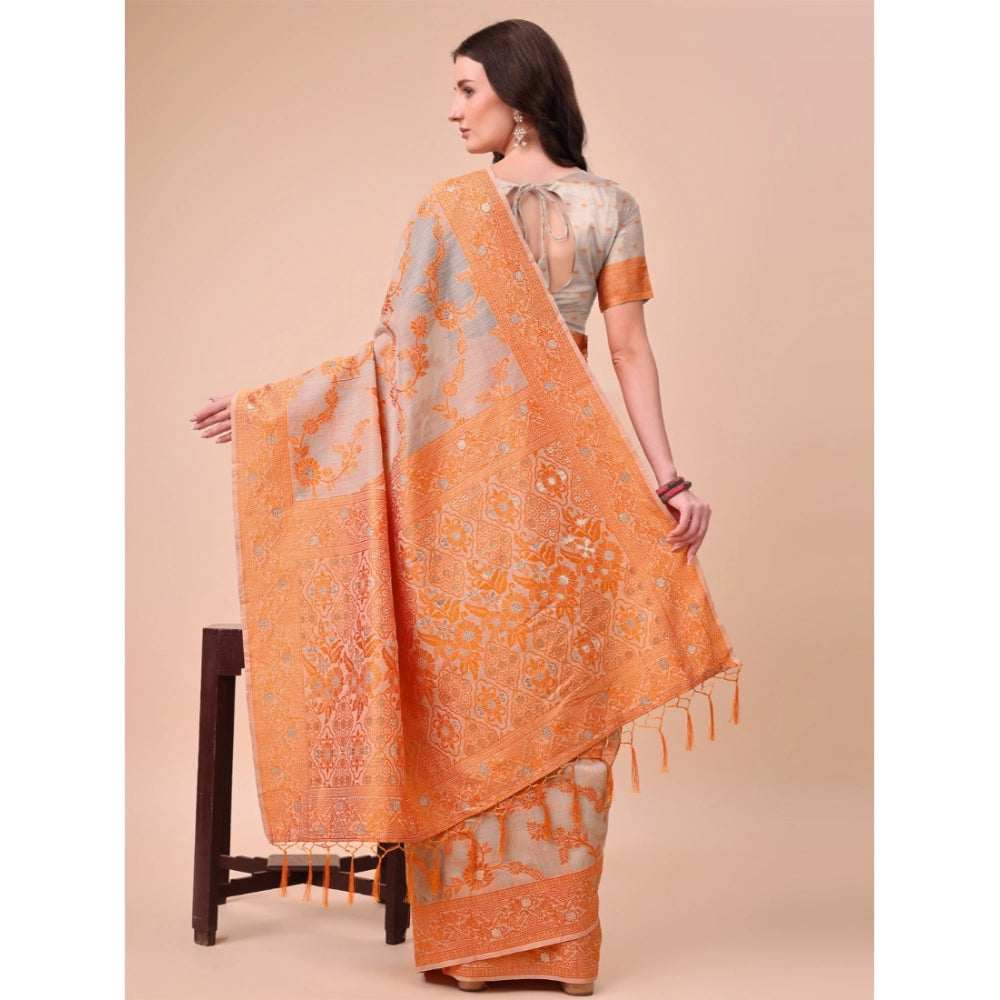Generic Women's Cotton Printed Saree With Unstitched Blouse 5.5Mtr (Orange)