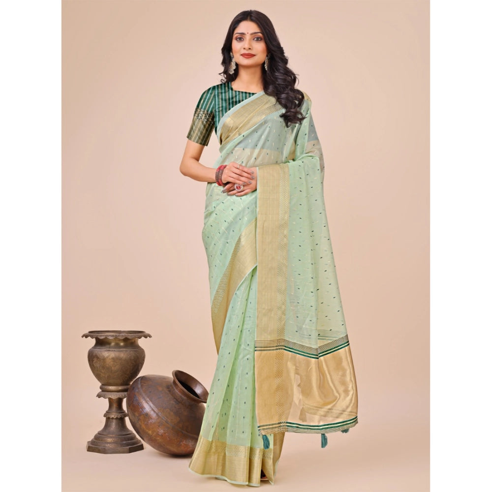 Generic Women's Organza Printed Saree With Unstitched Blouse 5.5Mtr (Olive Green)
