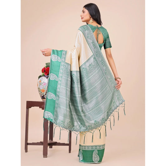 Generic Women's Lichi Silk Printed Saree With Unstitched Blouse 5.5Mtr (Cream)