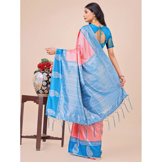 Generic Women's Lichi Silk Printed Saree With Unstitched Blouse 5.5Mtr (Peach)