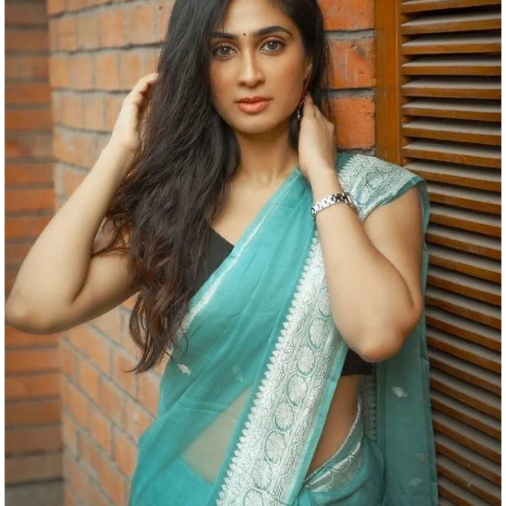Generic Women's Cotton Printed Saree With Unstitched Blouse 5.5Mtr (Sky Blue)