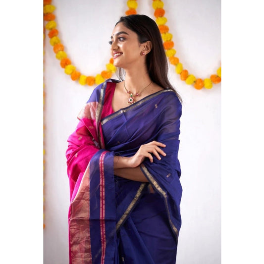 Generic Women's Cotton Printed Saree With Unstitched Blouse 5.5Mtr (Blue)