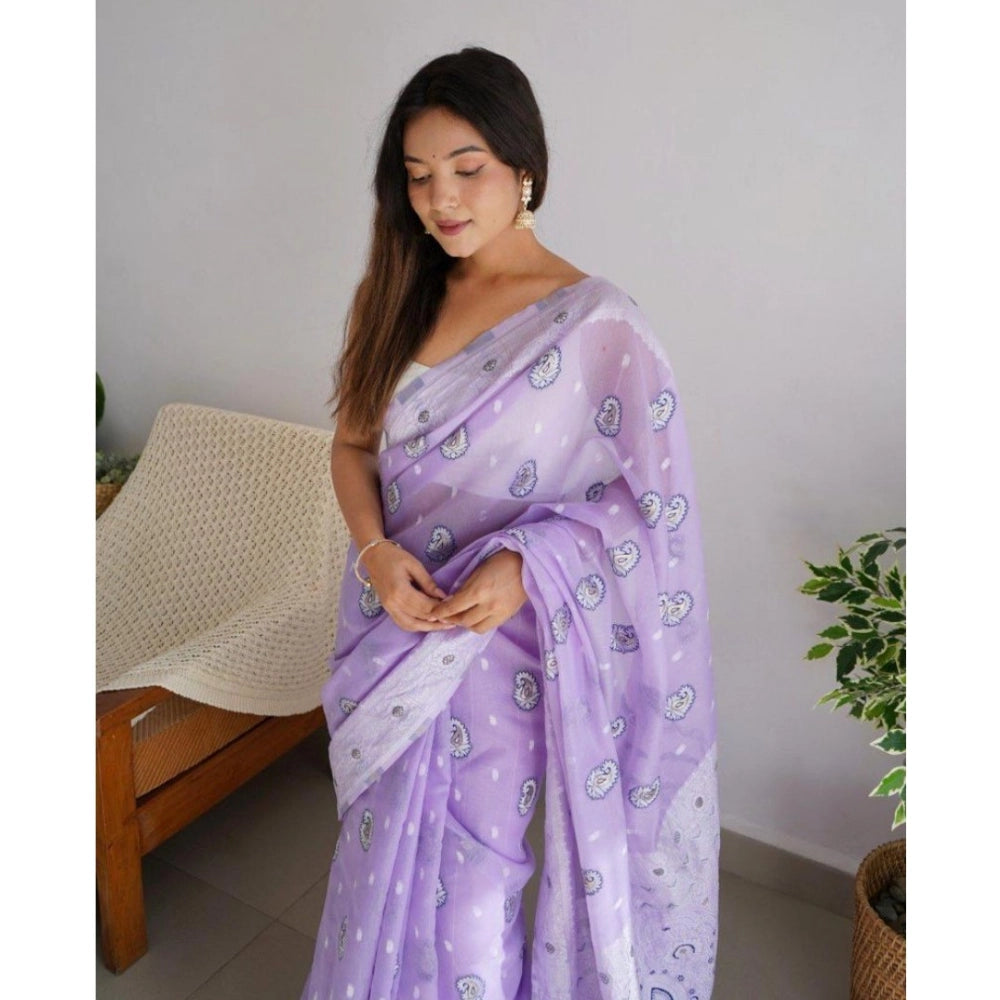 Generic Women's Cotton Printed Saree With Unstitched Blouse 5.5Mtr (Lavender)