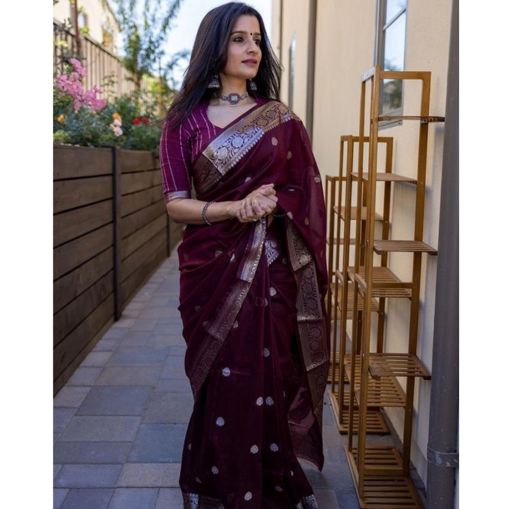Generic Women's Cotton Printed Saree With Unstitched Blouse 5.5Mtr (Maroon)