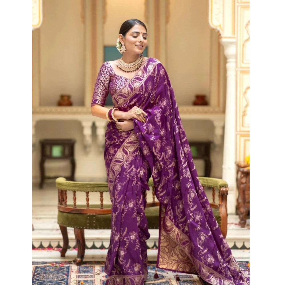 Generic Women's Silk Printed Saree With Unstitched Blouse 5.5Mtr (Purple)