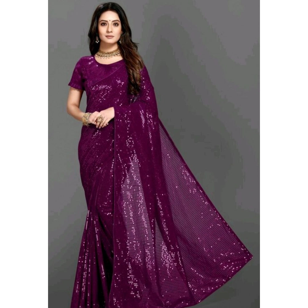 Women's Georgette Embellished Sequnece Bollywood Saree With Unstitched Blouse 5.5Mtr (Purple)