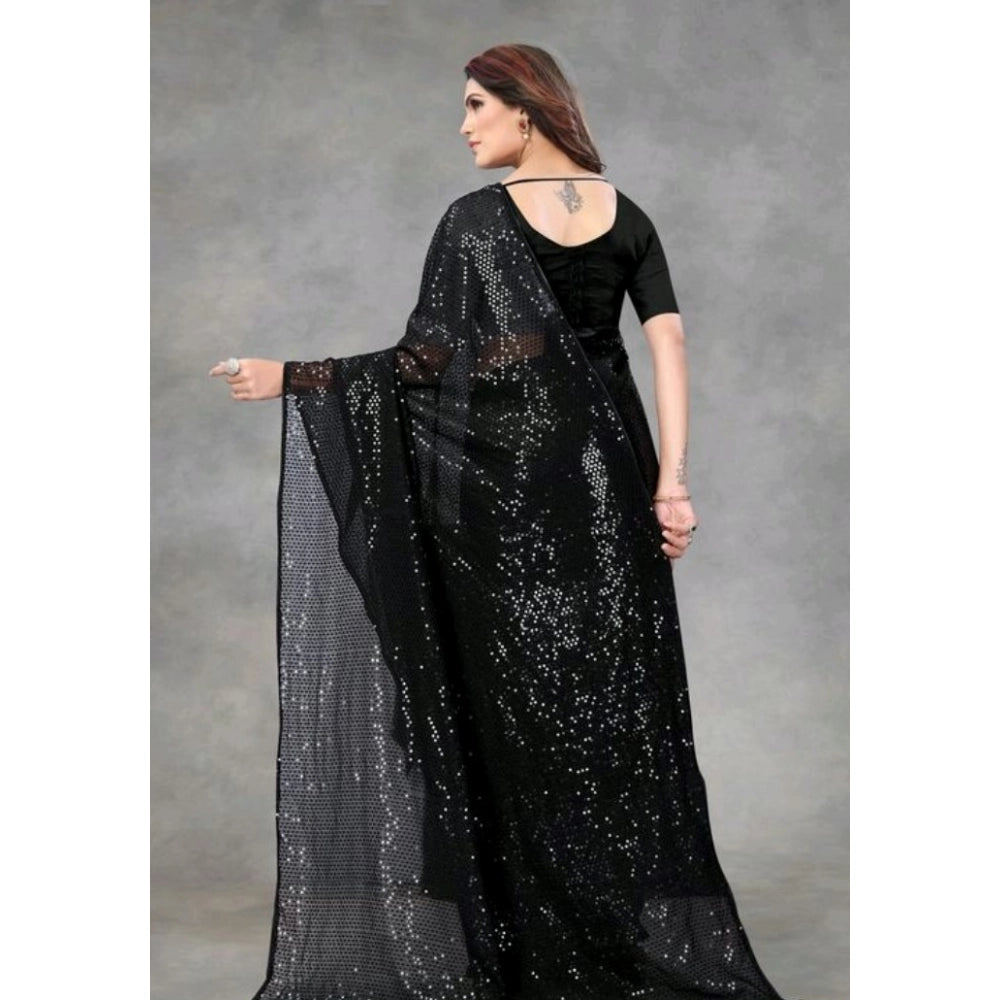 Generic Women's Georgette Embellished Sequnece Bollywood Saree With Unstitched Blouse 5.5Mtr (Black)