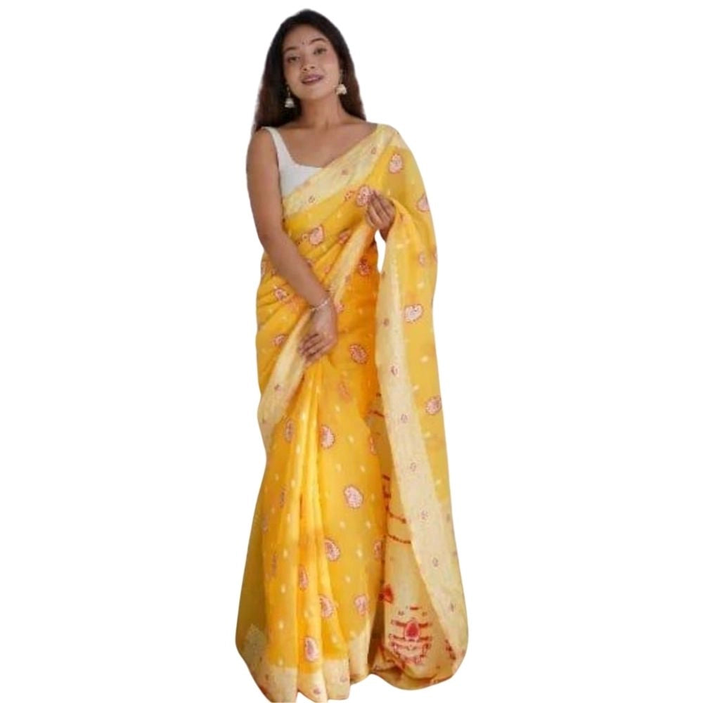 Generic Women's Cotton Printed Saree With Unstitched Blouse 5.5Mtr (Yellow)