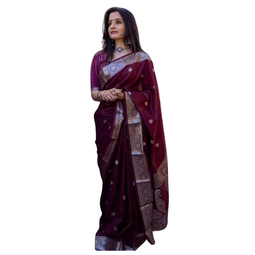 Generic Women's Cotton Printed Saree With Unstitched Blouse 5.5Mtr (Maroon)