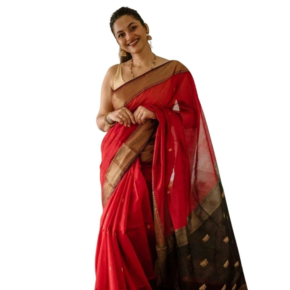 Generic Women's Cotton Printed Saree With Unstitched Blouse 5.5Mtr (Red)
