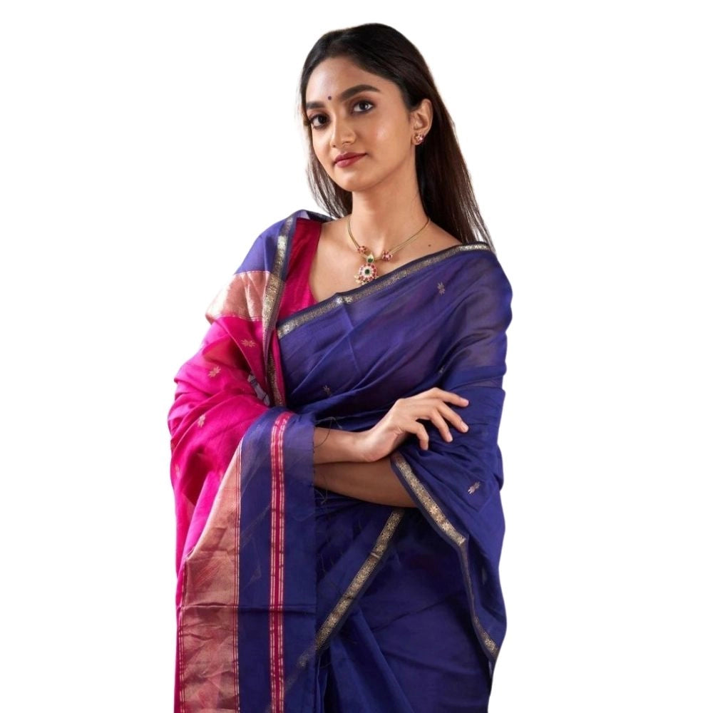 Generic Women's Cotton Printed Saree With Unstitched Blouse 5.5Mtr (Blue)