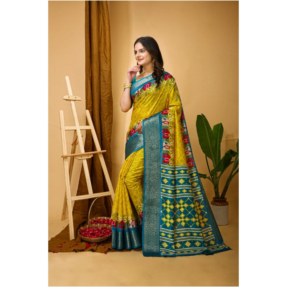 Generic Women's Soft Dola Cotton Kalamkari Printed Saree With Unstitched Blouse 5.5Mtr (Yellow)