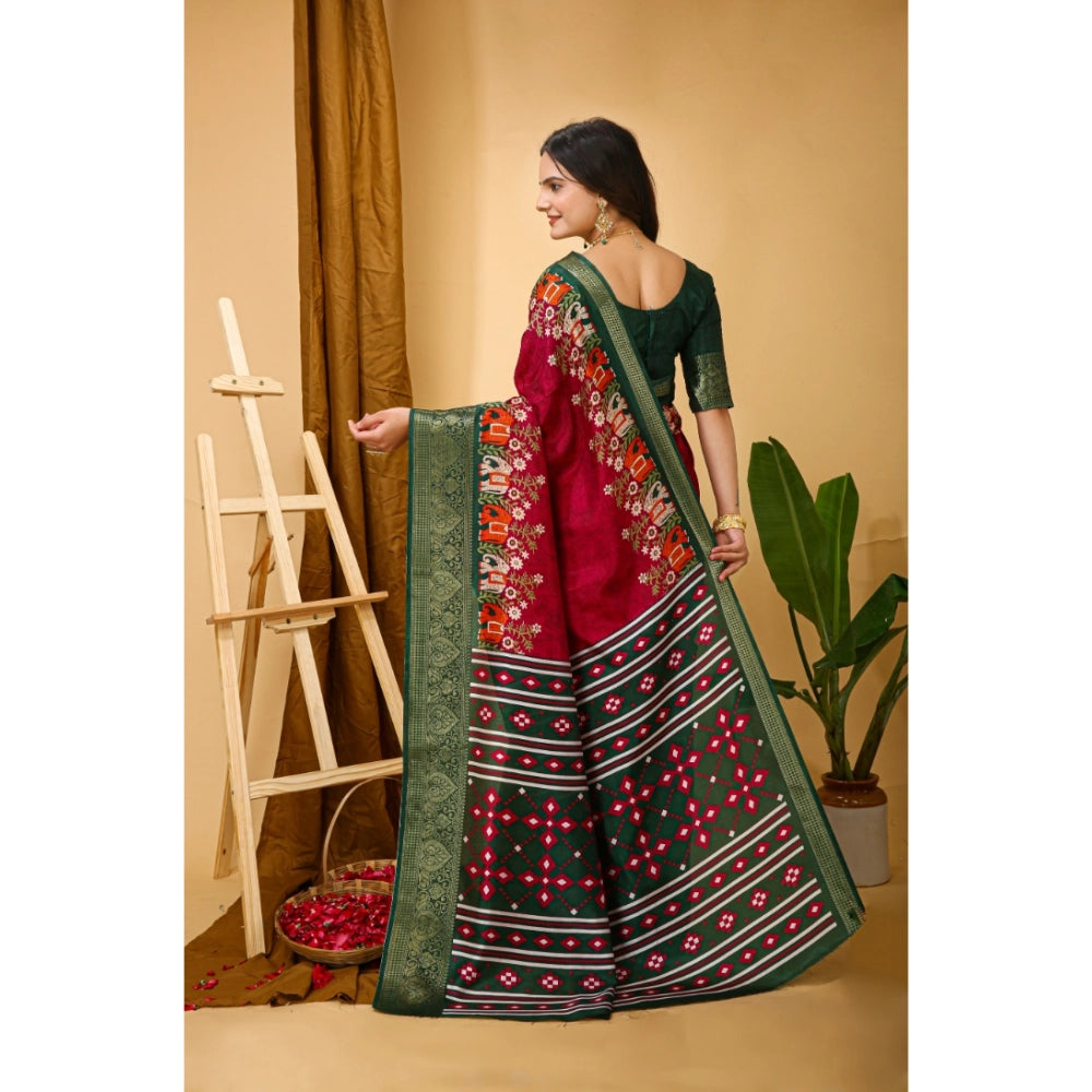 Generic Women's Soft Dola Cotton Kalamkari Printed Saree With Unstitched Blouse 5.5Mtr (Red)