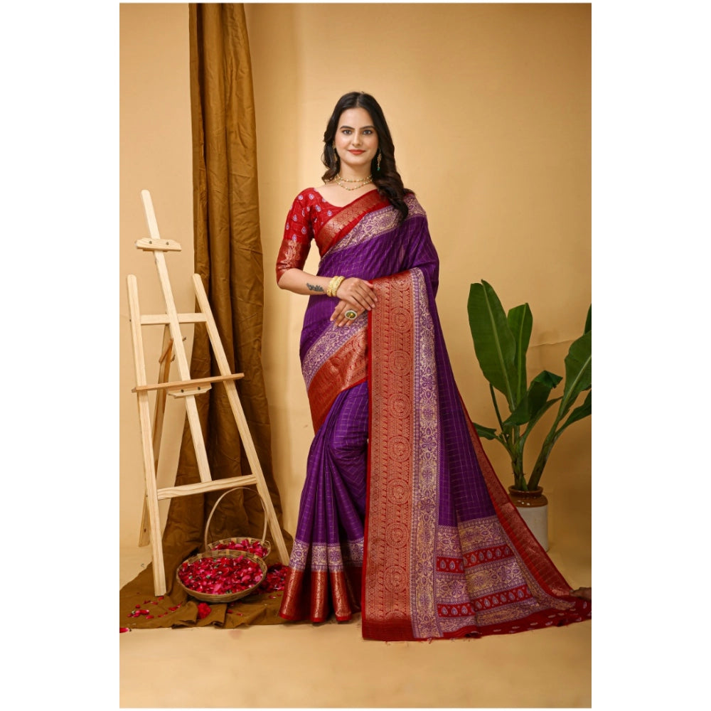 Generic Women's Soft Dola Cotton Kalamkari Printed Saree With Unstitched Blouse 5.5Mtr (Purple)