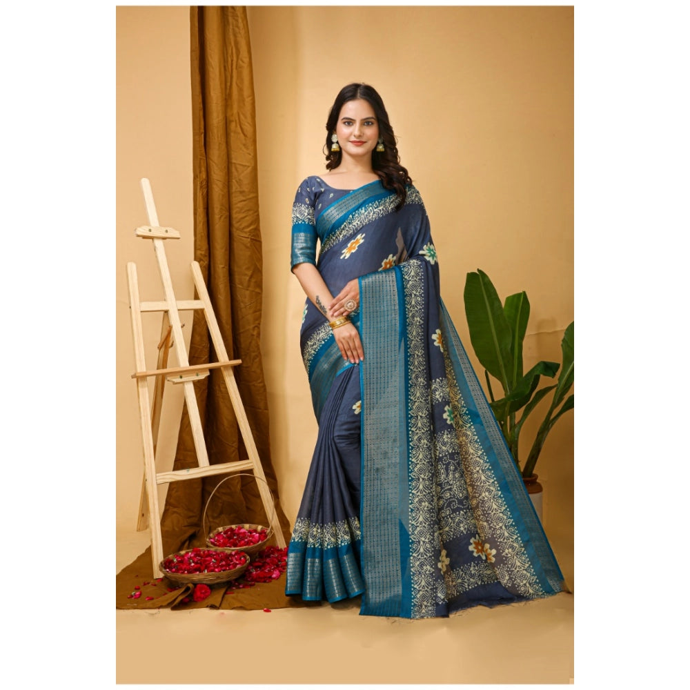 Generic Women's Soft Blooming Marshmallow Fabric Kalamkari Printed Saree With Unstitched Blouse 5.5Mtr (Grey)