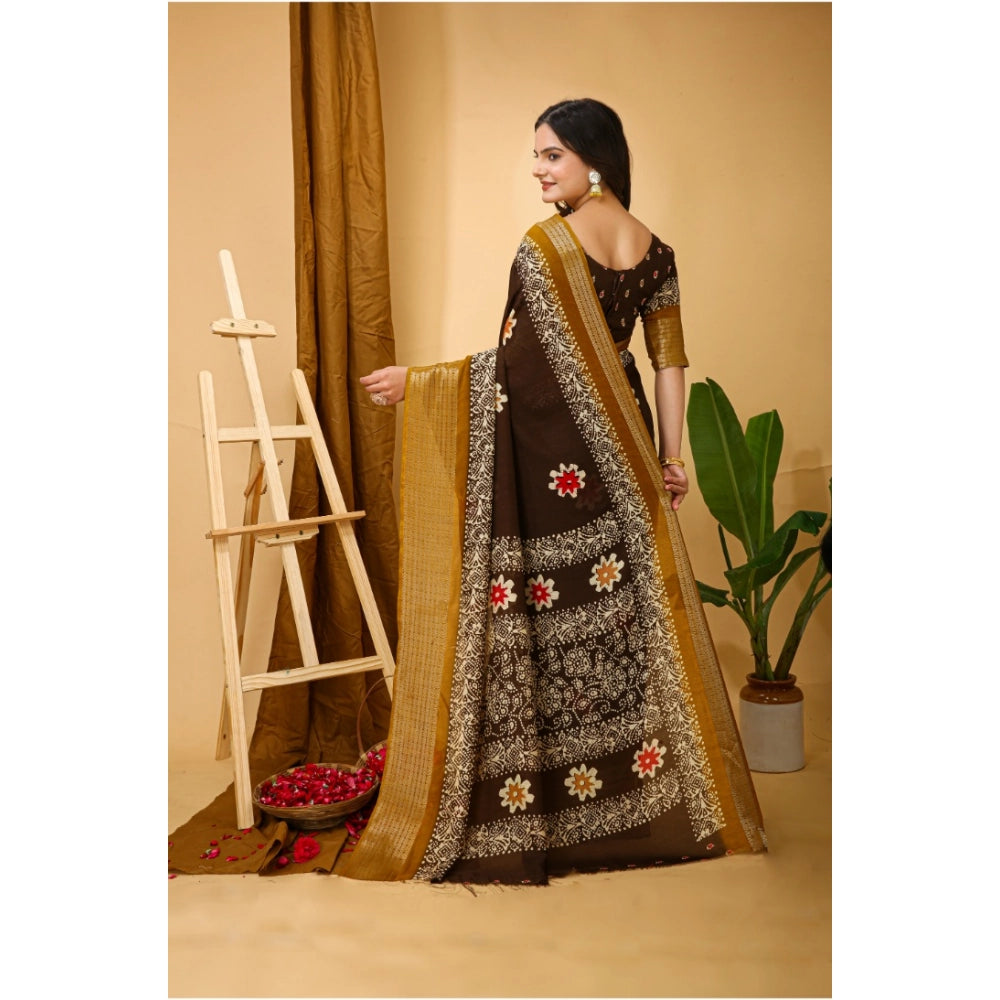 Generic Women's Soft Blooming Marshmallow Fabric Kalamkari Printed Saree With Unstitched Blouse 5.5Mtr (Brown)