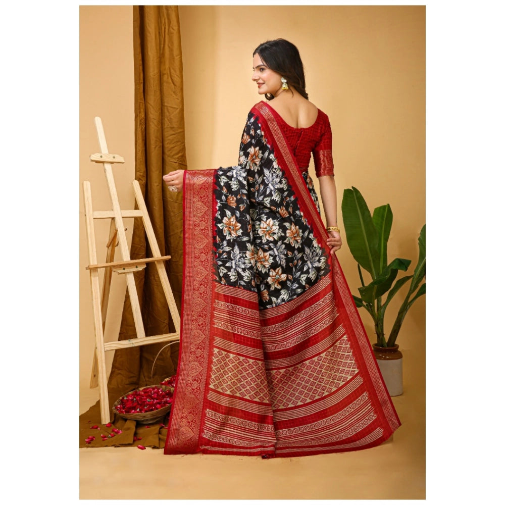 Generic Women's Soft Dola Cotton Kalamkari Printed Saree With Unstitched Blouse 5.5Mtr (Black)