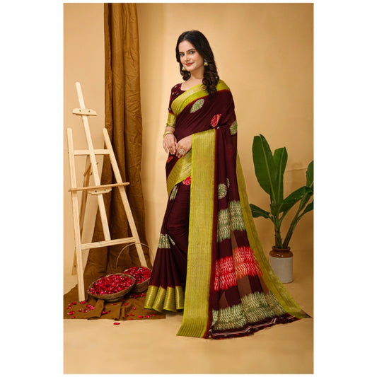 Generic Women's Soft Blooming Marshmallow Fabric Kalamkari Printed Saree With Unstitched Blouse 5.5Mtr (Maroon)