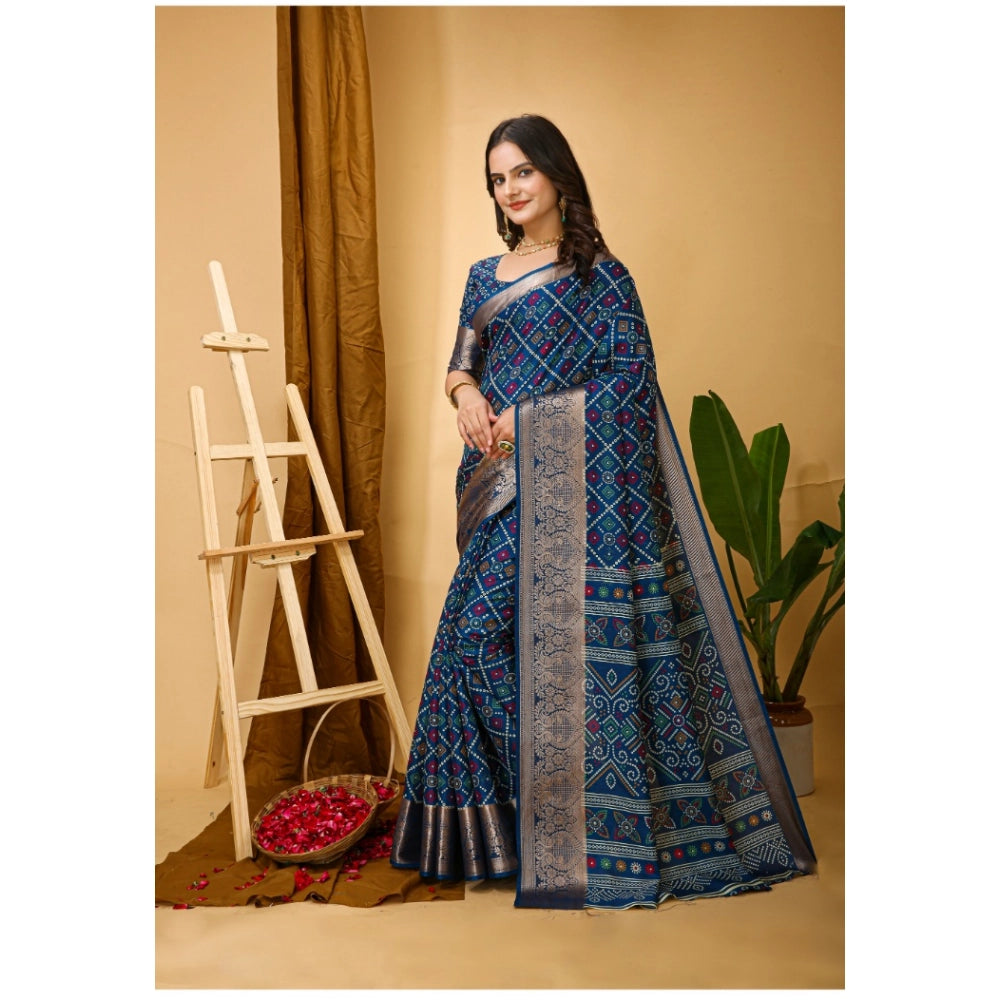 Generic Women's Soft Dola Cotton Kalamkari Printed Saree With Unstitched Blouse 5.5Mtr (Blue)