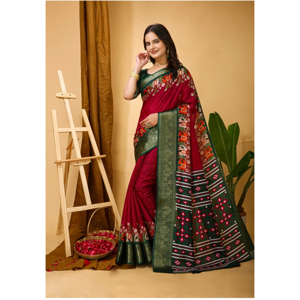 Generic Women's Soft Dola Cotton Kalamkari Printed Saree With Unstitched Blouse 5.5Mtr (Red)